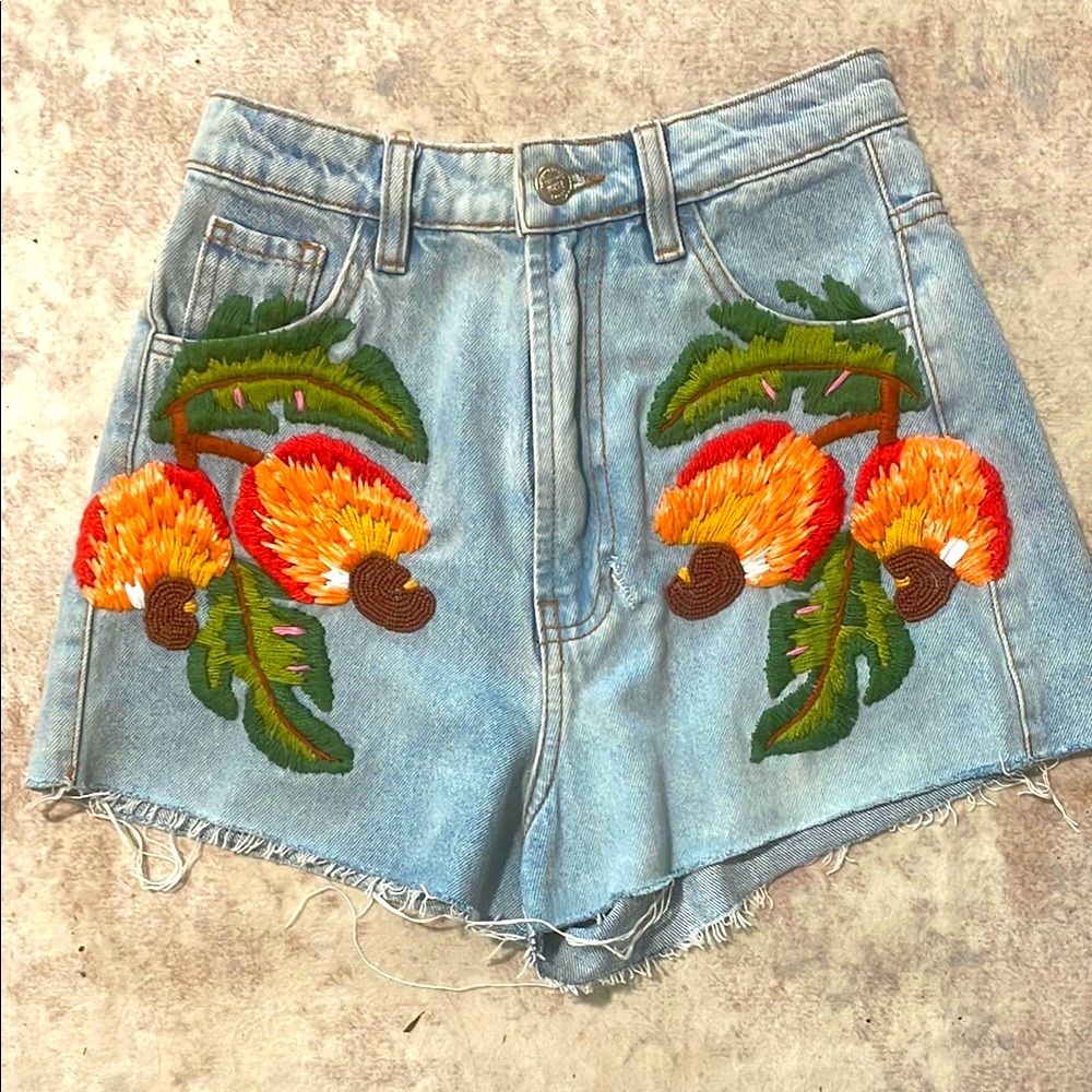 🍍 FARM Rio - Tropical Vibes Jean Shorts with Embroidered & Beaded Accents 🏝️